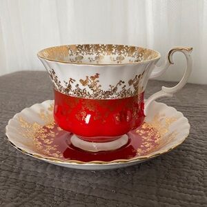 Royal Albert Red and White Bone China Teacup & Saucer Gold details